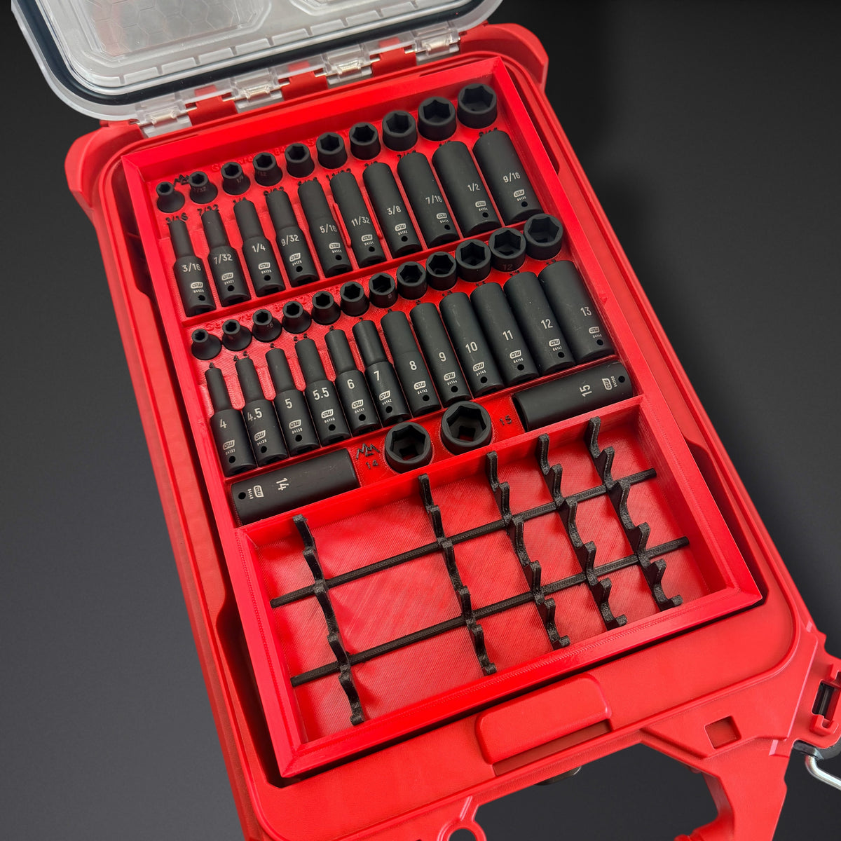 Printed result: red organizer insert loaded with the GearWrench 84902 1/4" impact set in a Milwaukee Packout compact organizer, SAE and metric, shallow and deep, with the black accessory rack in front