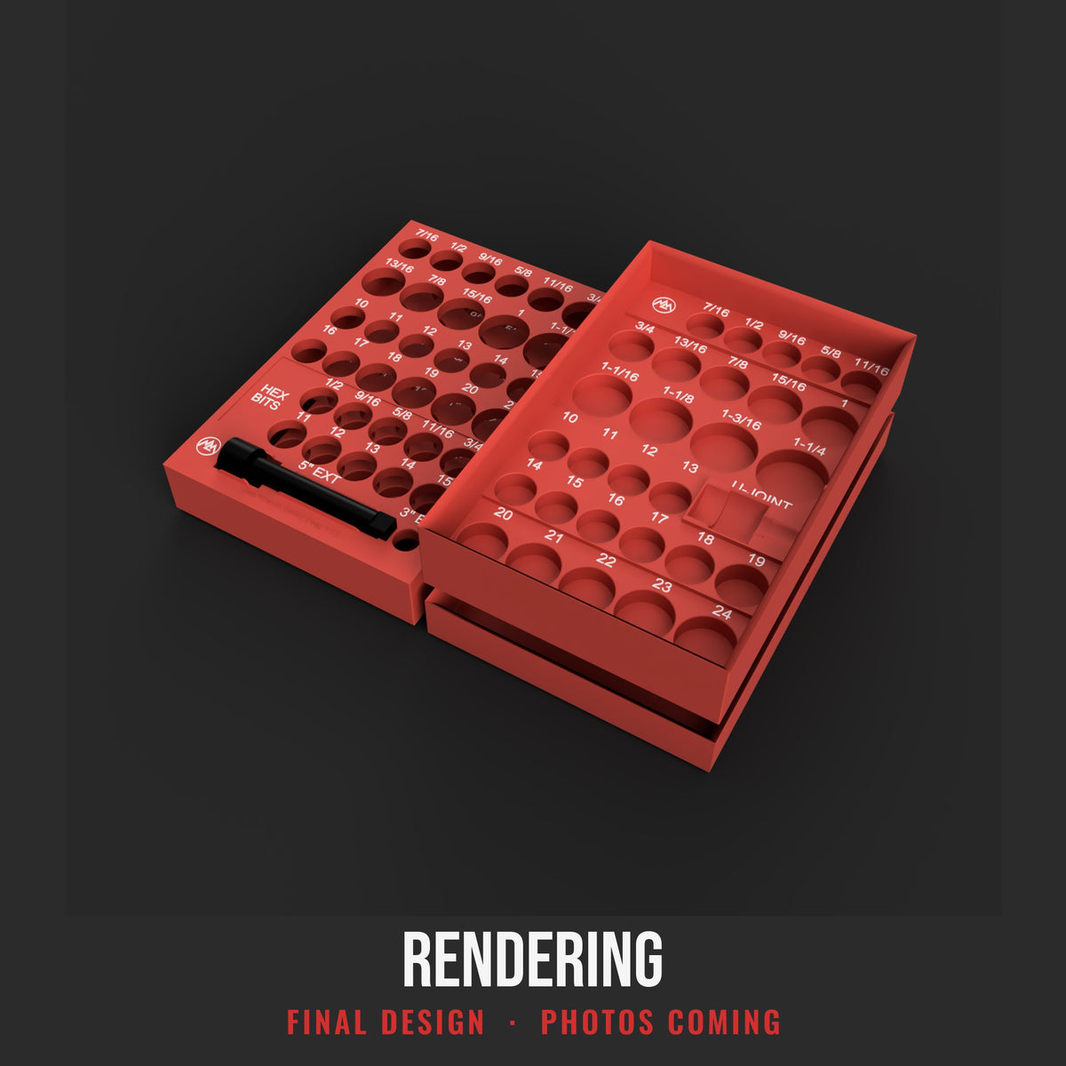 Rendering of the final GearWrench 89095 organizer set: deep organizer with its support lid and the 5 inch extension on top, and the standard organizer on its storage tray