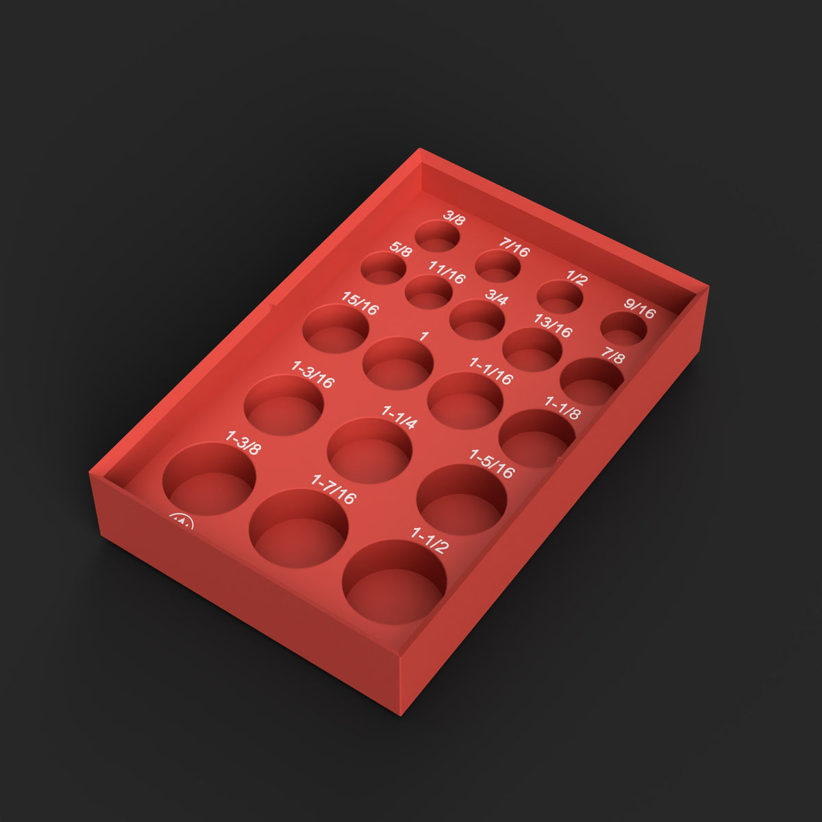 Render of the red GearWrench 89072 SAE impact socket organizer with white size labels, 19 pockets 3/8 to 1-1/2 inch, the organizer this file prints
