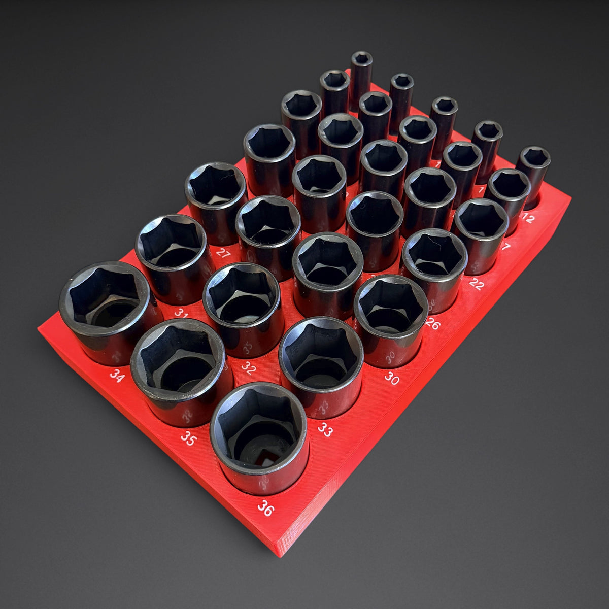 Red Mountaineer Maker deep organizer loaded with the 29 GearWrench 89072 1/2 inch drive 6-point metric deep impact sockets, 8mm to 36mm, white size labels on the support lid