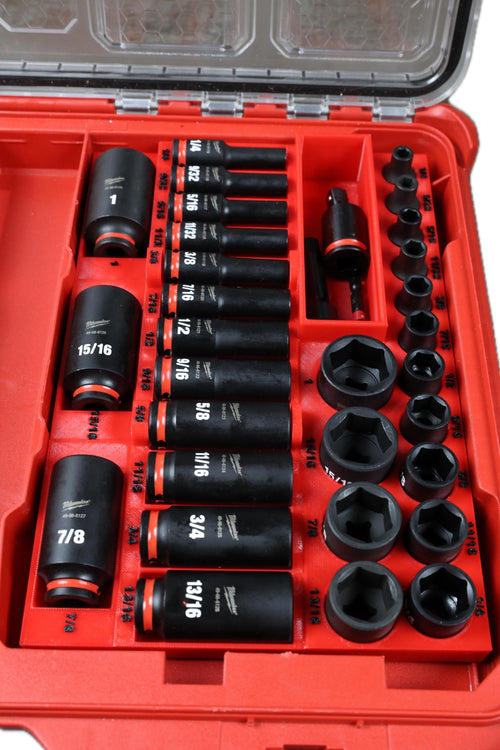 STL File - SAE Milwaukee Impact Socket Organizer for Packout Low Profile, 3/8" Drive No-Skip