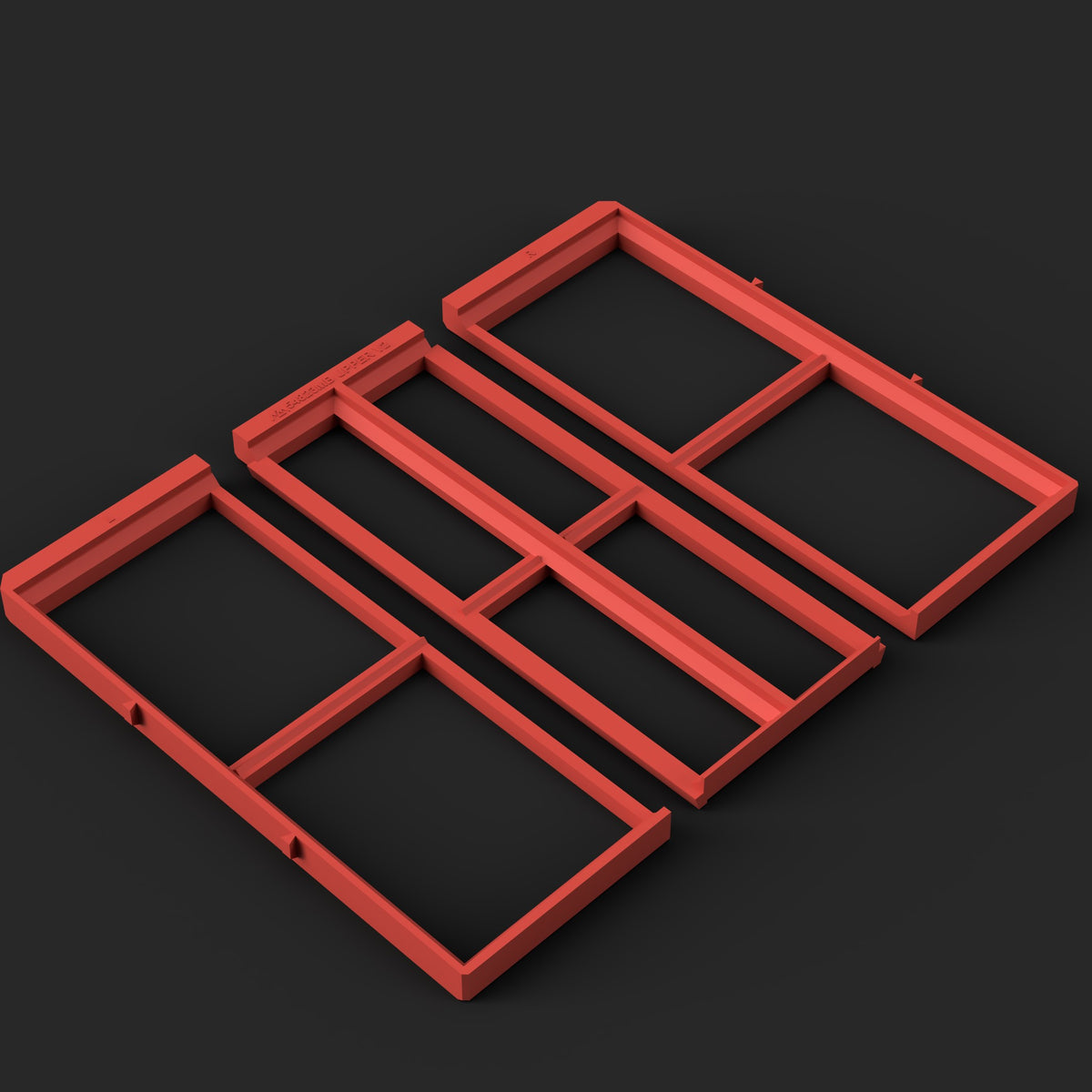 Render of the Klein MODbox 54823MB top and middle drawer adapter STL: left end, center and right end, red