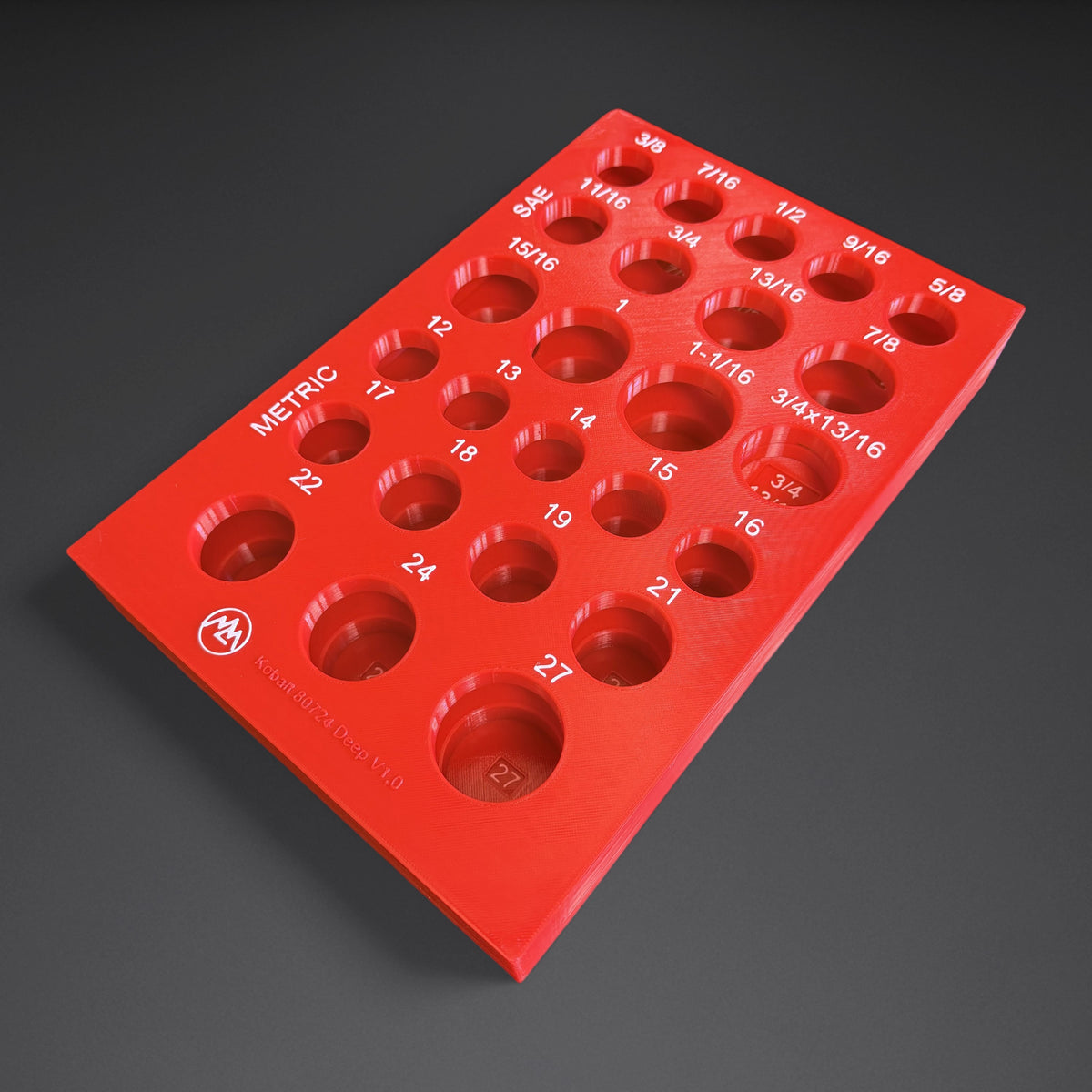Red deep organizer for the Kobalt 80724 set with its snap-in support lid, white SAE and metric size labels, three-quarter view