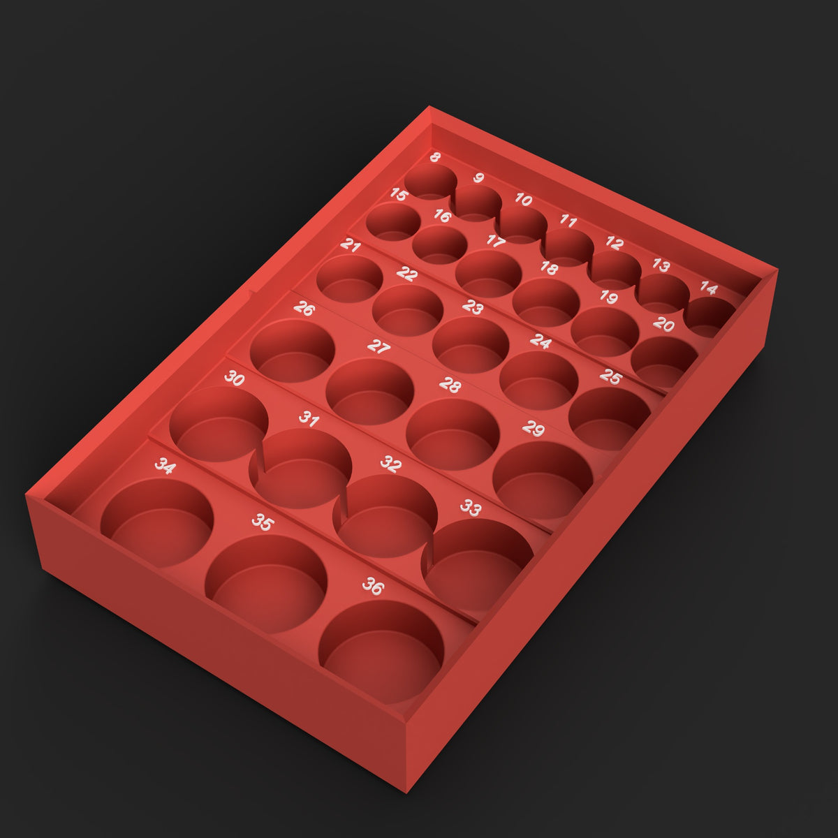 Render of the Milwaukee Packout 1/2 inch Shockwave metric standard-depth impact socket organizer STL file: red organizer, 29 labeled pockets 8mm to 36mm on stepped decks, raised white size labels