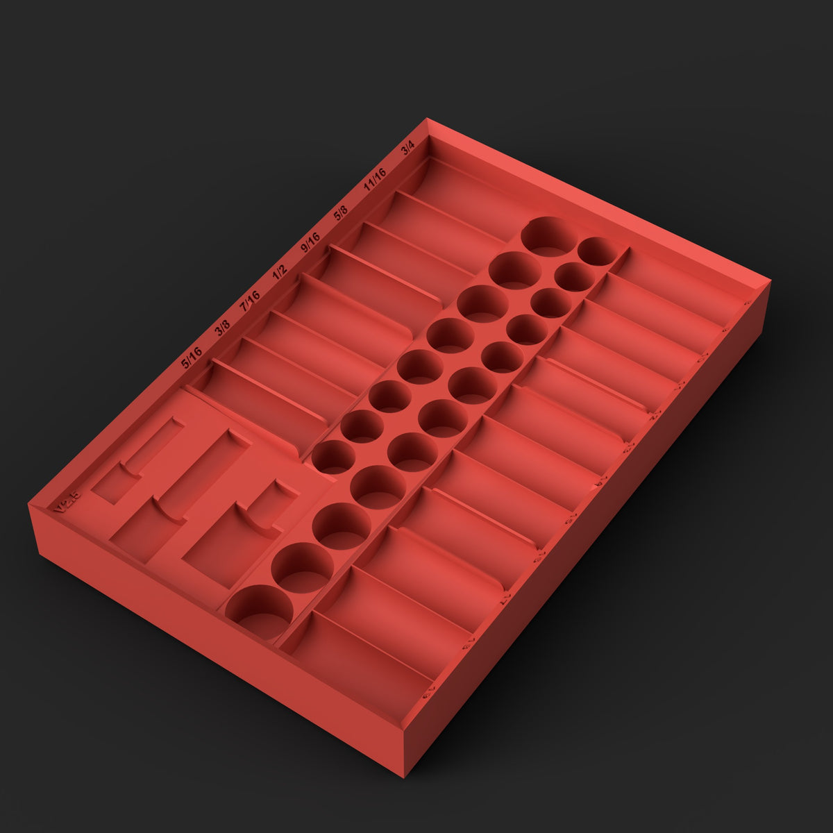 Render of the Milwaukee Packout 3/8 inch Shockwave 49-66-7009 SAE and metric impact socket organizer STL file: red organizer, 43-piece layout with debossed size labels