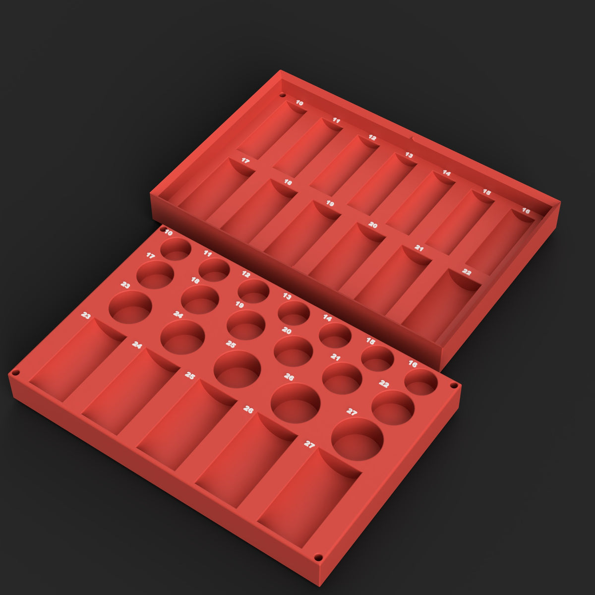 Render of the Milwaukee Shockwave 1/2 inch metric impact socket organizer set STL: deep-socket base and nesting top organizer, red with white raised size labels