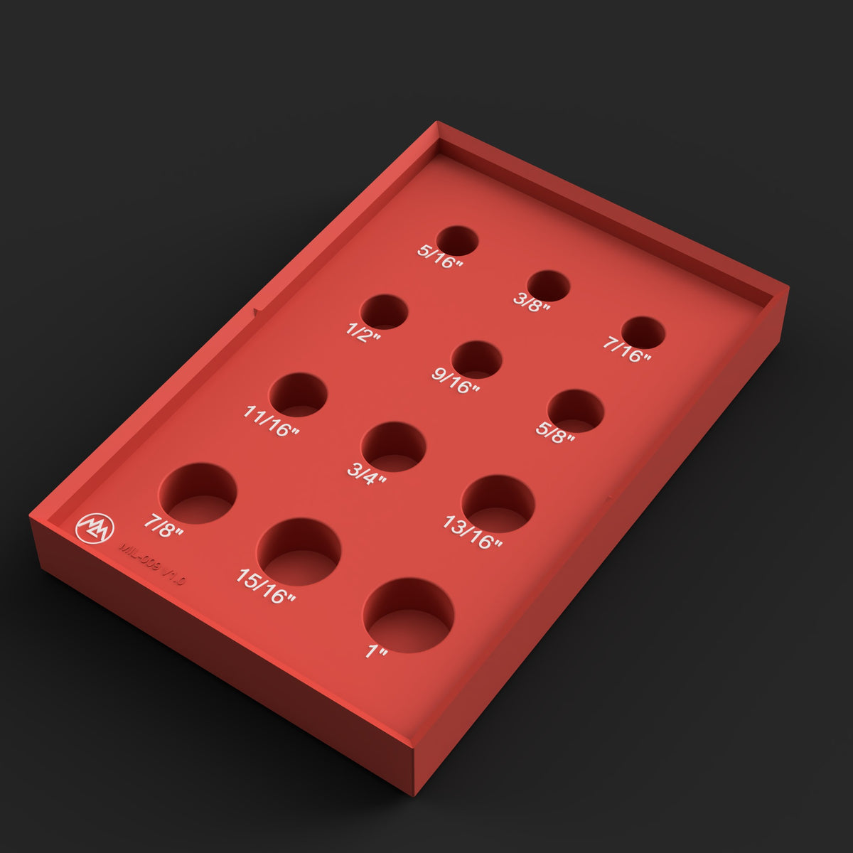 Design render: Milwaukee Packout 3/8" Shockwave shallow socket organizer insert for 49-66-7005, red with white size labels, 12 pockets 5/16" to 1"