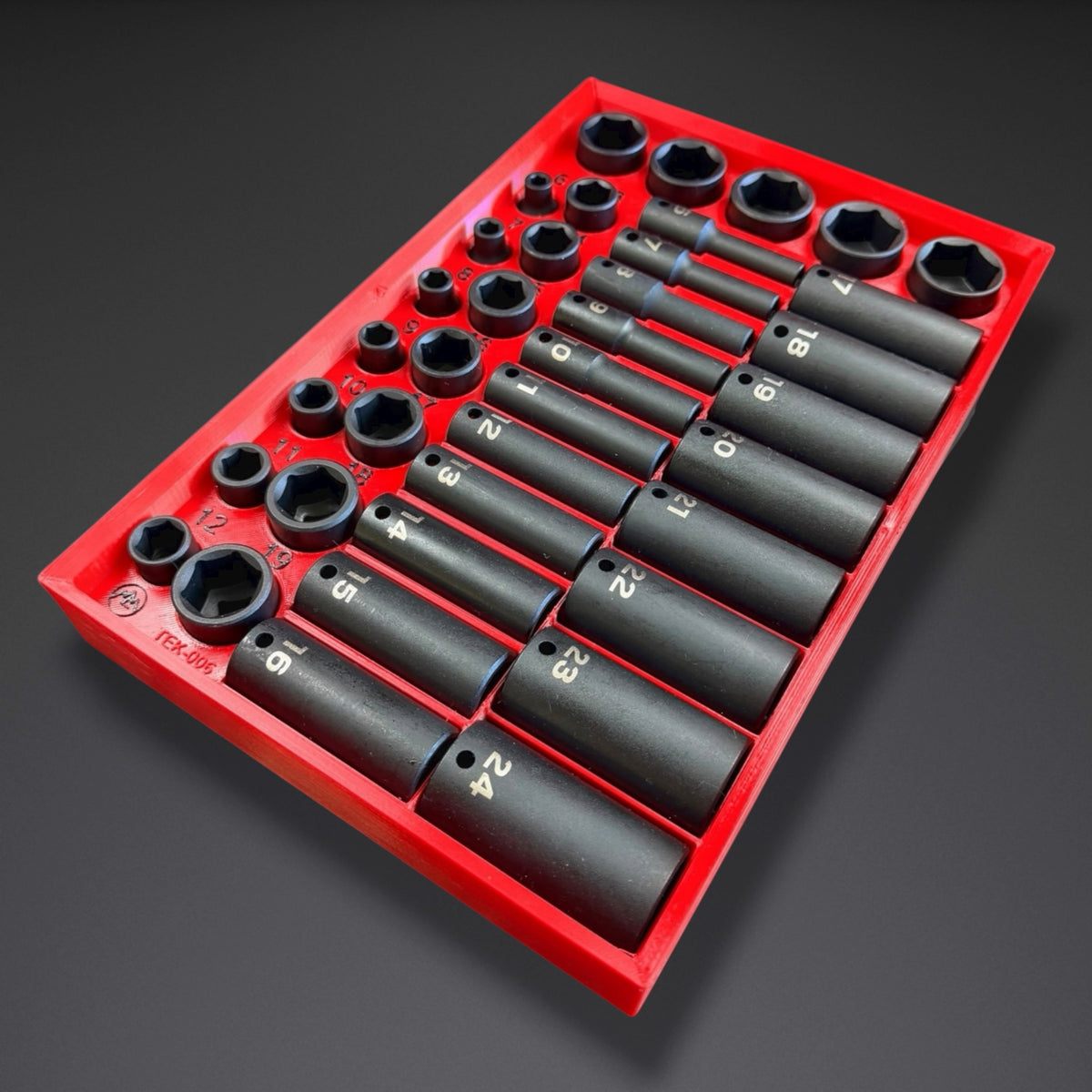 Printed result: red organizer insert loaded with the Tekton SID91211 3/8" metric impact set, 19 shallow upright and 19 deep lying flat, sizes 6-24mm labeled