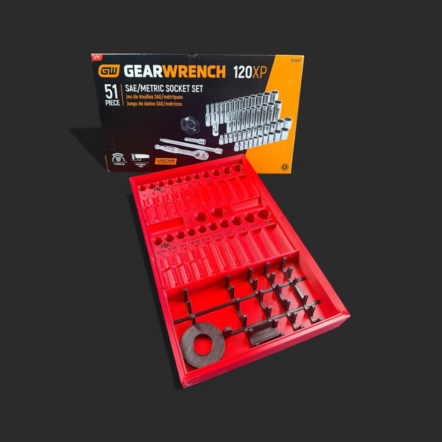 GearWrench 800300P 51-piece SAE and metric 1/4 inch socket organizer tray