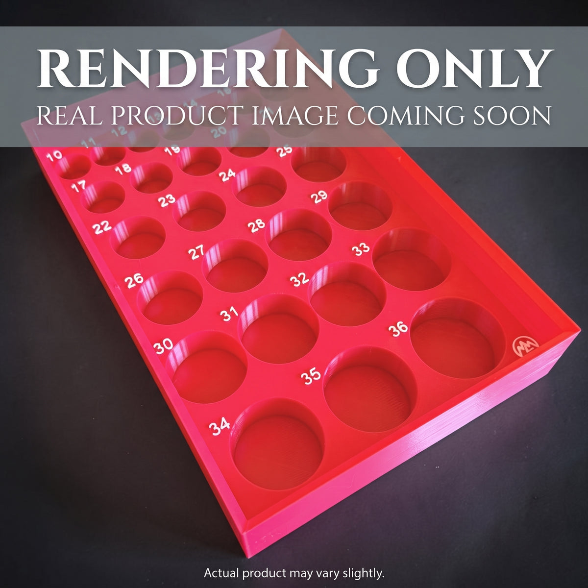 Rendering of the shallow socket organizer insert with a labeled slot for each socket. Marked RENDERING ONLY — real product photo coming soon.