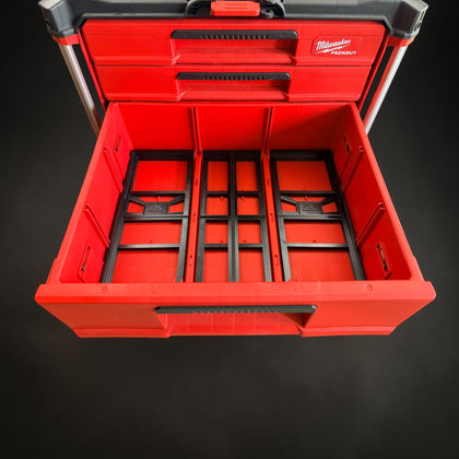 Milwaukee Packout deep drawer fitted with the black three-piece Mountaineer Maker drawer adapter