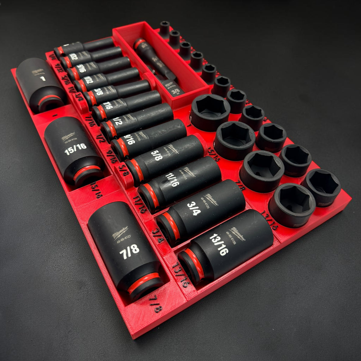 Milwaukee Packout 3/8" Milwaukee Shockwave SAE 6-Point Impact Socket Organizer Insert – No-Skip Complete Series, Standard & Deep (1/4"–1")