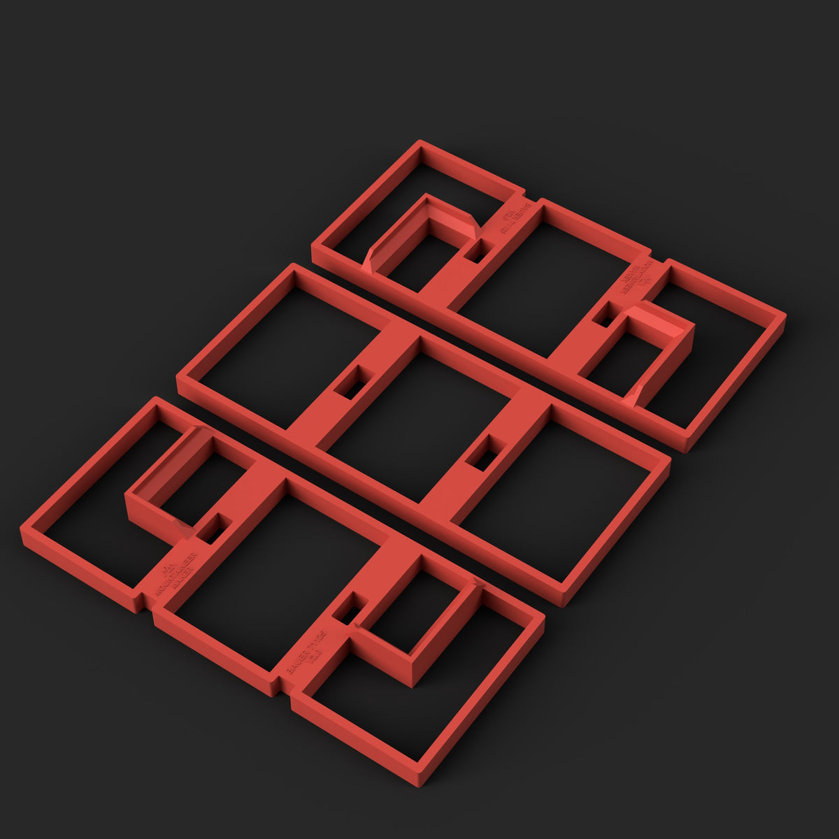 Render of the Bauer 71125 drawer adapter STL file in red: the three pieces in place, three-quarter view on charcoal