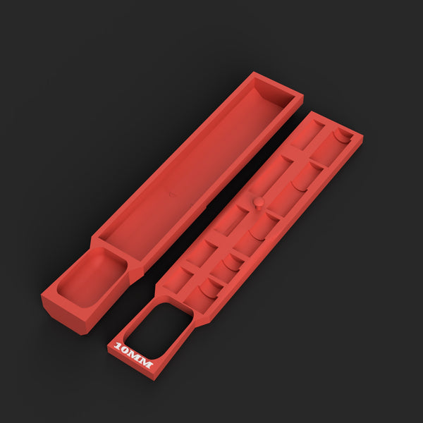 GRW-001 STL file render: Milwaukee Packout 48-22-8431 center-compartment insert for the GearWrench 80319 10mm set, socket level and storage level, red with white 10MM label