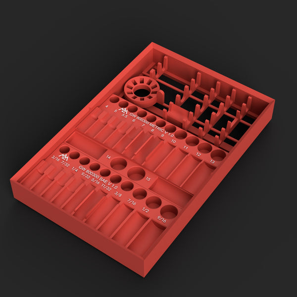 GearWrench 80300P 1/4" modular Packout organizer STL file, render of the frame, SAE tray, metric tray and tool rack in red with white labels