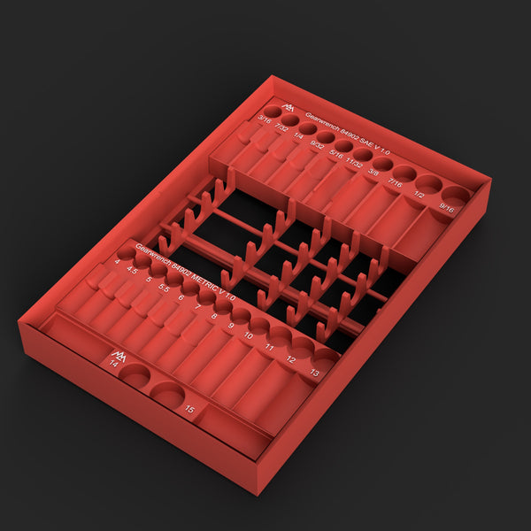Render of the modular Milwaukee Packout organizer STL for the GearWrench 84902 1/4 inch impact set: frame, SAE tray, metric tray and accessory rack, red with white labels