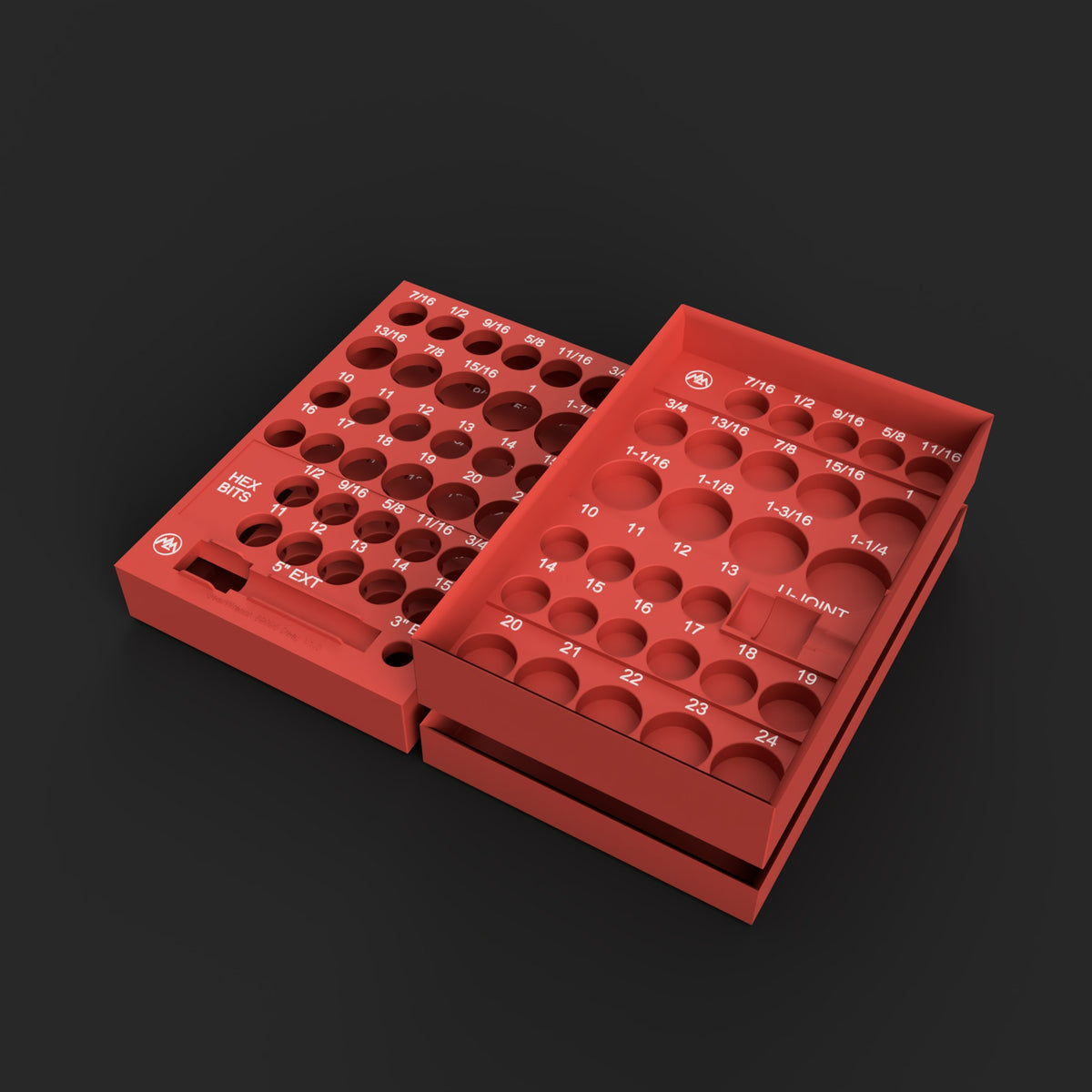 Render of the GearWrench 89095 organizer set STL files: deep organizer with support lid, and the standard organizer on its storage tray