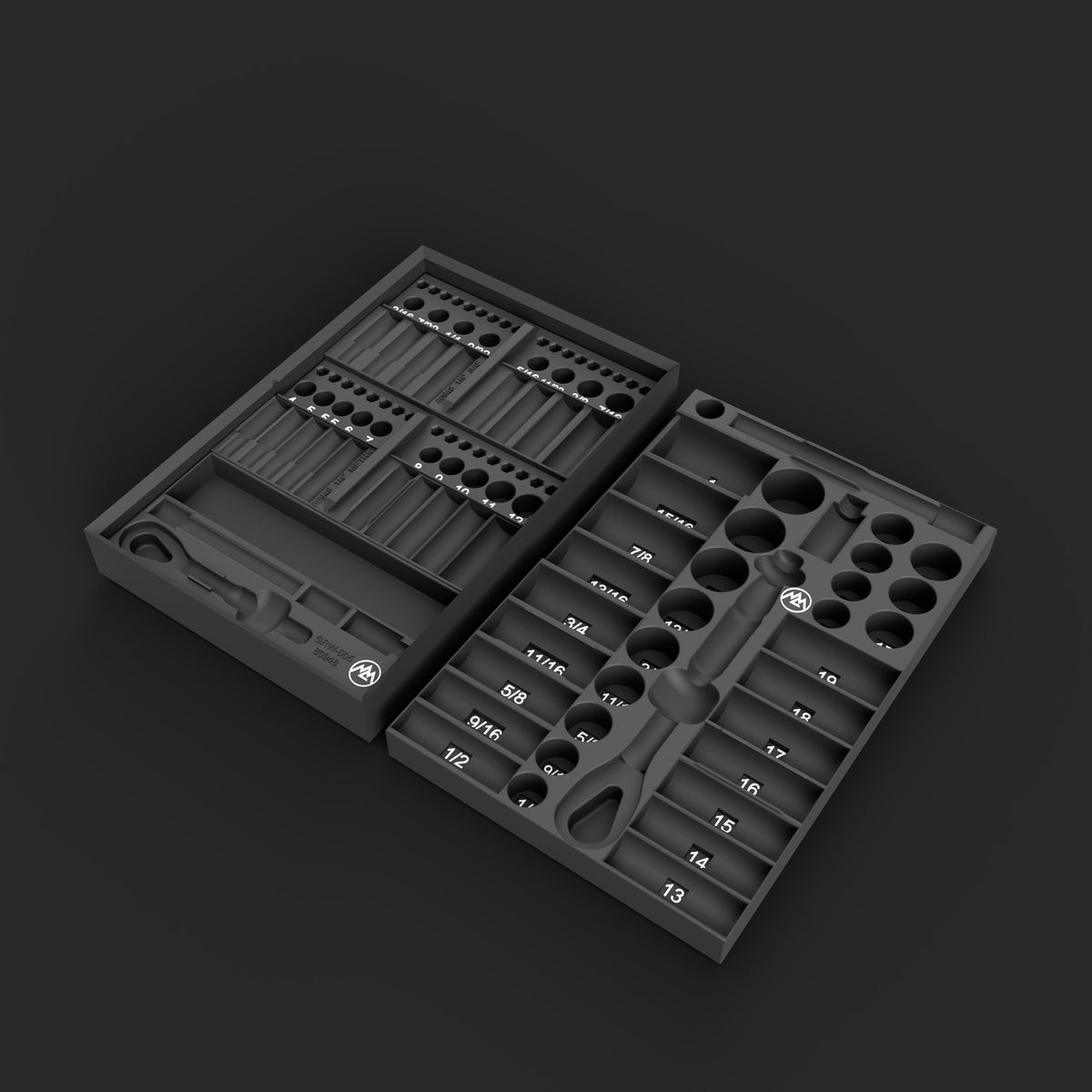 Rendering: the GearWrench 80948 organizer set, the 1/4" organizer with its three trays beside the 3/8" organizer, every pocket labeled