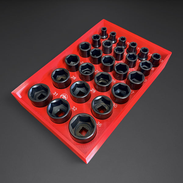Red Mountaineer Maker organizer loaded with the 26 GearWrench 89072 1/2 inch drive 6-point metric standard impact sockets, 8mm to 36mm, white size labels at every pocket