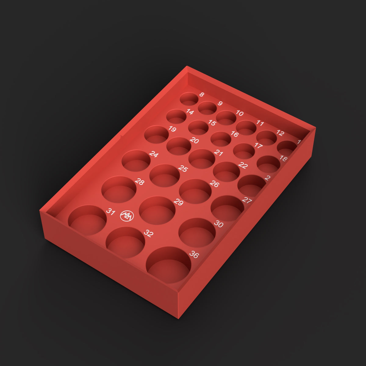 Render of the GRW-009 STL file: red organizer for the GearWrench 89072 1/2" metric standard impact sockets, 26 pockets with white size labels, no sockets