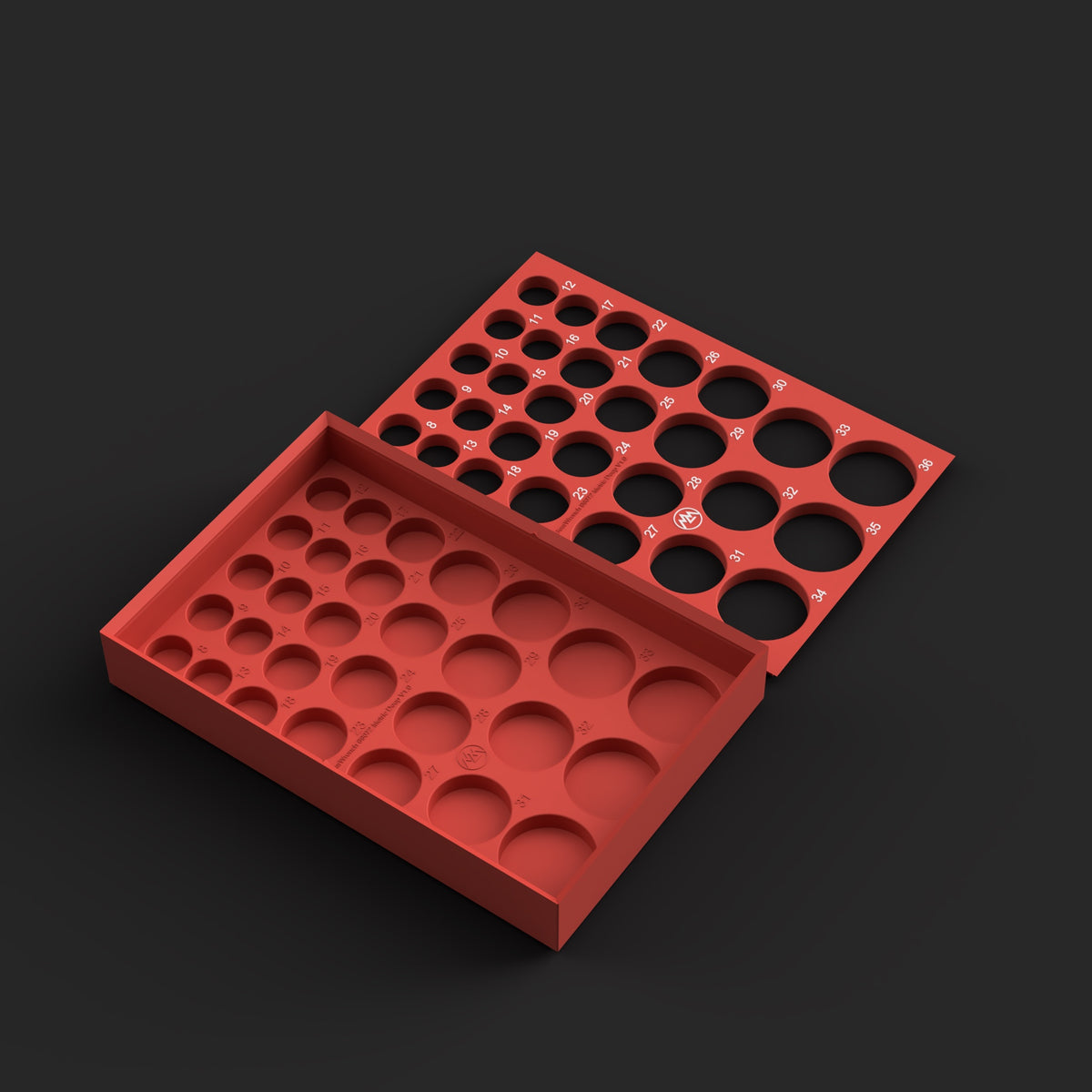 Render of the red GearWrench 89072 metric deep impact socket organizer base and its support lid with white size labels, 8mm to 36mm, the part the STL/3MF file prints