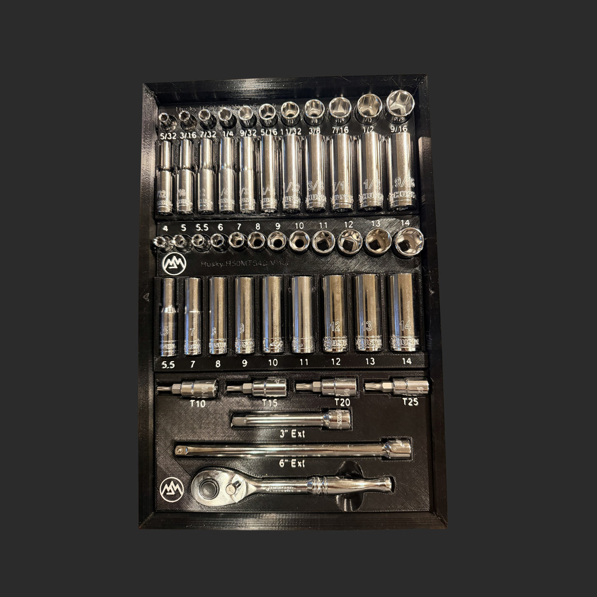 Husky H50MTS4D 1/4" modular socket organizer insert in black with white labels, loaded with all 50 pieces