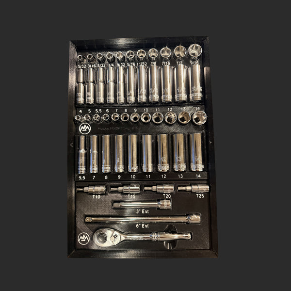 Husky H50MTS4D 1/4" modular socket organizer insert in black with white labels, loaded with all 50 pieces