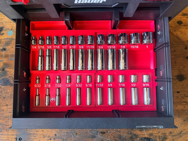 Red organizer insert loaded with Husky 1/4" and 3/8" drive chrome SAE sockets in a Bauer 71125 drawer, top view: 3/8" shallow and deep across the back, 1/4" across the front, every size labeled