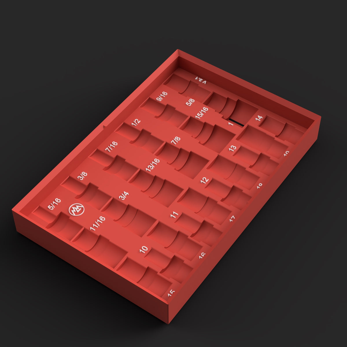 Render of the Icon 59745/59747 3/8" swivel impact socket organizer STL file in red with white raised size labels