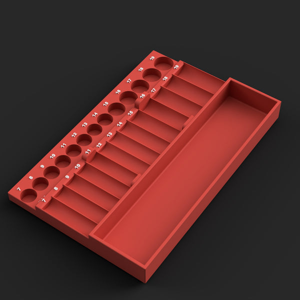 Icon 70432/59756 metric impact socket organizer STL, render of the red organizer with white labels on the standard and deep pockets and a storage compartment