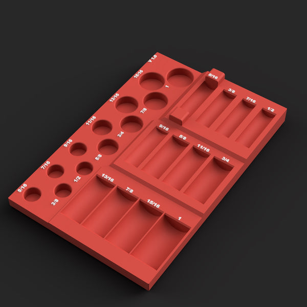 Render of the Icon 59750/59739 SAE impact socket organizer STL file, red with white size labels