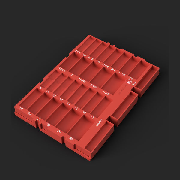 Render of the ICN-006 STL file: Icon 1/2 inch deep impact organizer halves on three risers for the Bauer 71125 drawer, red with white labels