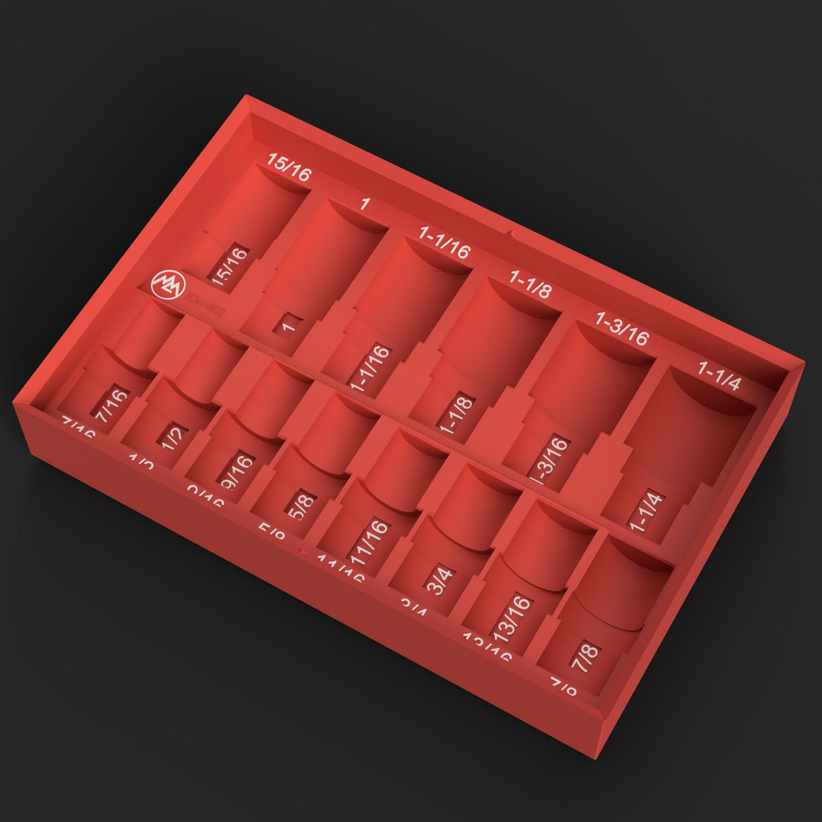 Render of the ICN-007 STL file: red organizer for the Icon 59741 1/2" SAE swivel impact set, 14 lay-flat pockets with white size labels, no sockets
