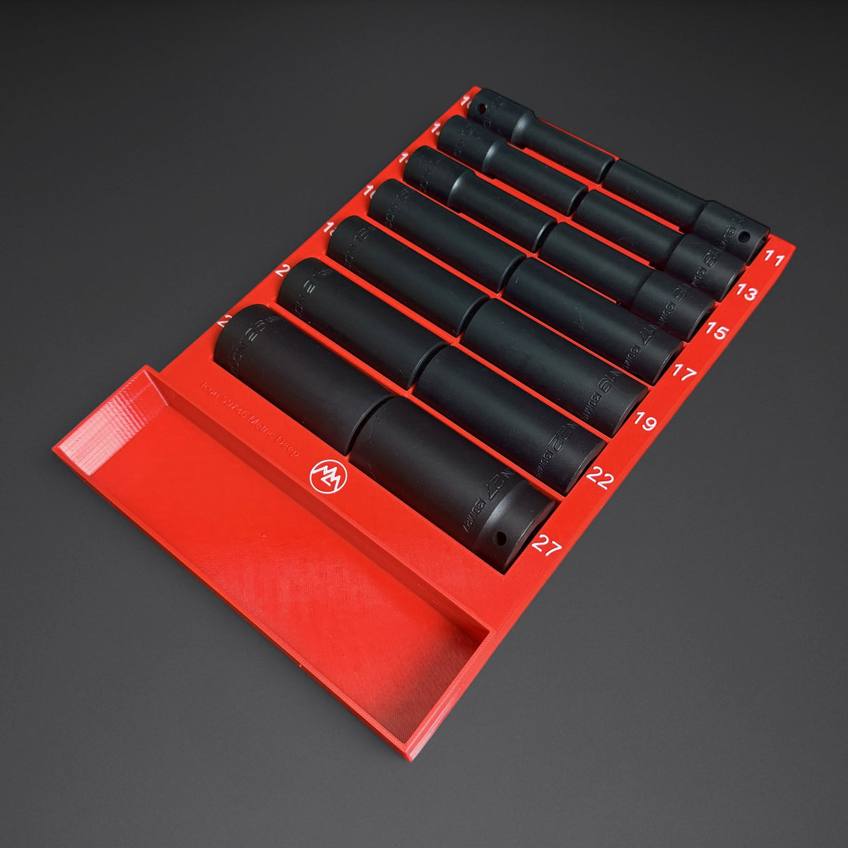ICN-008 organizer insert, red with white labels, holding the Harbor Freight Icon 59746 1/2 in. drive metric deep impact sockets, 10mm to 27mm, with an open storage bin across the front