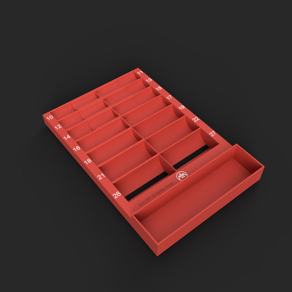 Render of the ICN-008 STL file: red organizer for the Icon 59746 1/2" metric deep impact set, 14 lay-flat cradles with white size labels and an open front bin, no sockets