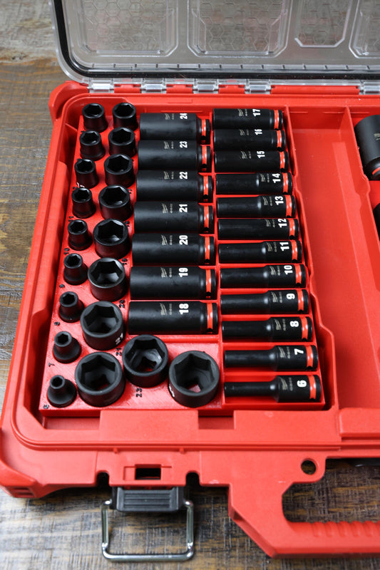 STL File - Metric Milwaukee Impact Socket Organizer for Packout Low Profile, 3/8" Drive No-Skip