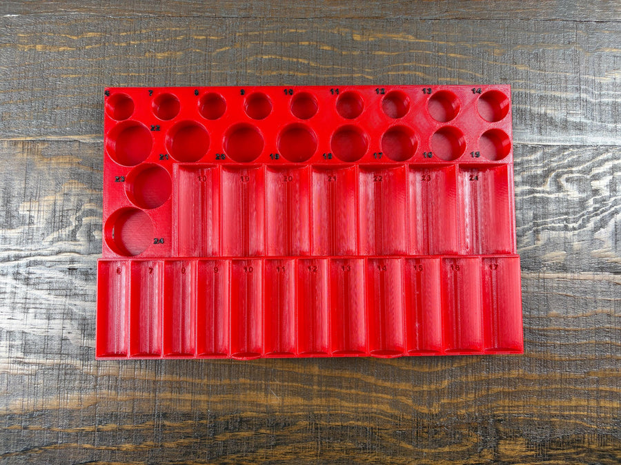 STL File - Metric Milwaukee Impact Socket Organizer for Packout Low Profile, 3/8" Drive No-Skip
