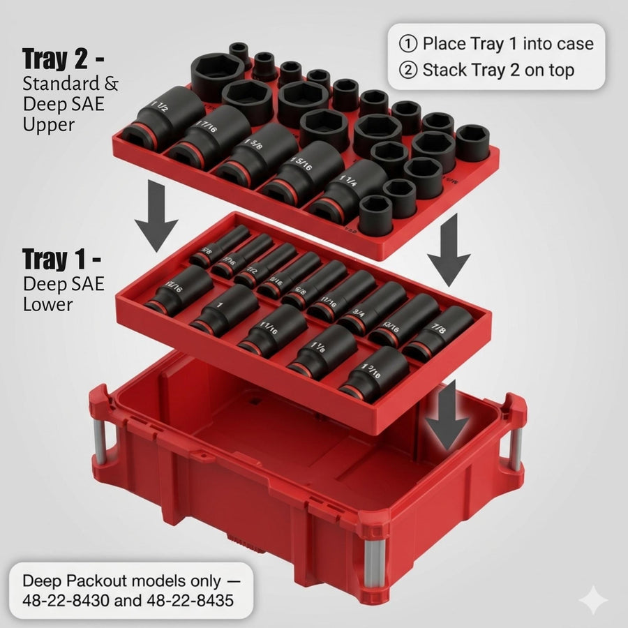 Milwaukee Impact Socket Organizer for Packout, 1/2" Drive Shockwave SAE Deep & Shallow No-Skip Complete Set