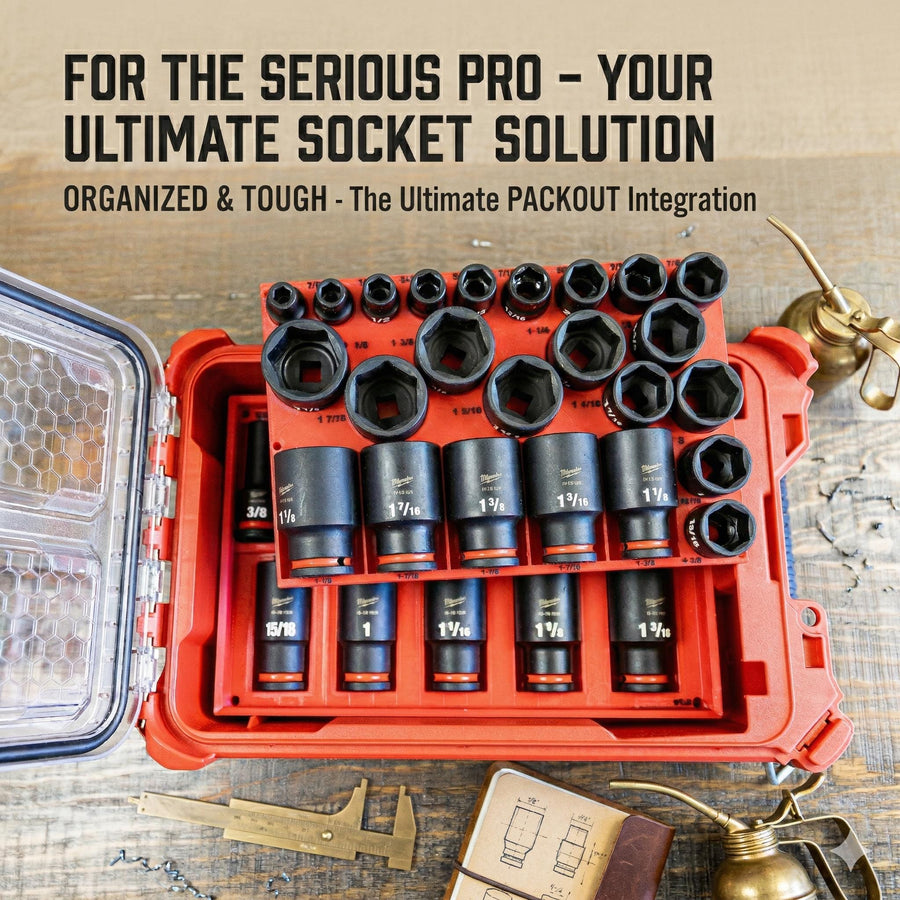 Milwaukee Impact Socket Organizer for Packout, 1/2" Drive Shockwave SAE Deep & Shallow No-Skip Complete Set