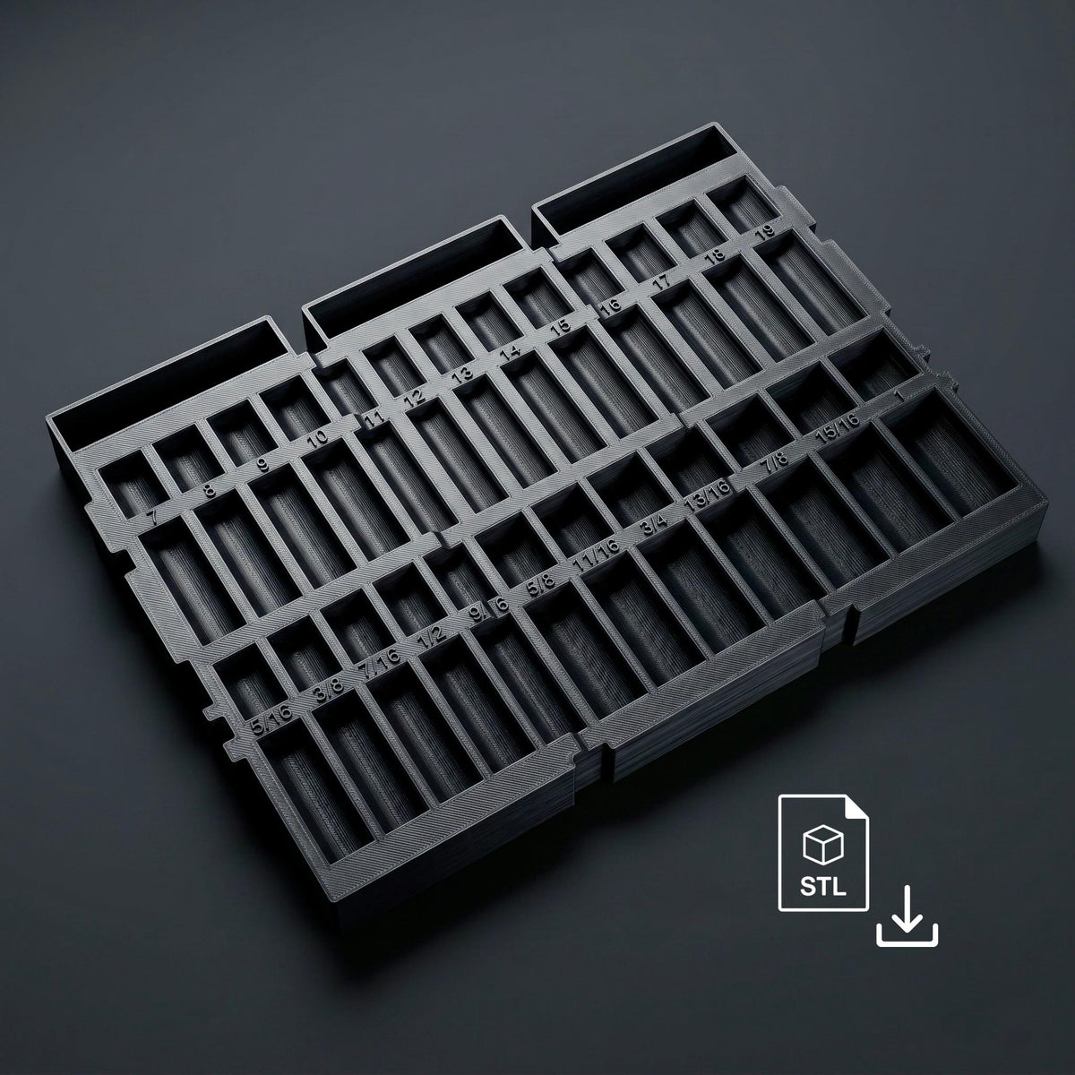 STL file preview for Icon 3/8" SAE and metric socket organizer tray, 50-piece, fits Bauer 71125 modular drawer