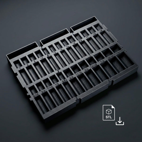 STL file preview for Icon 3/8" SAE and metric socket organizer tray, 50-piece, fits Bauer 71125 modular drawer