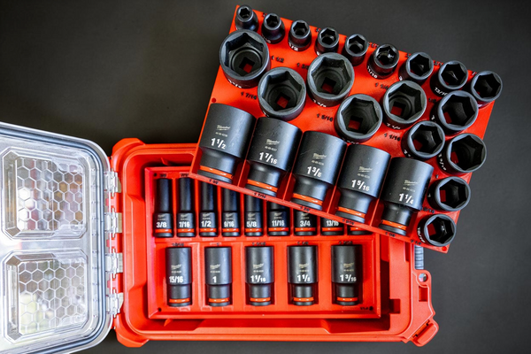 Nested Milwaukee SHOCKWAVE 1/2" SAE impact socket organizer trays, no-skip deep and shallow set, fits Milwaukee Packout