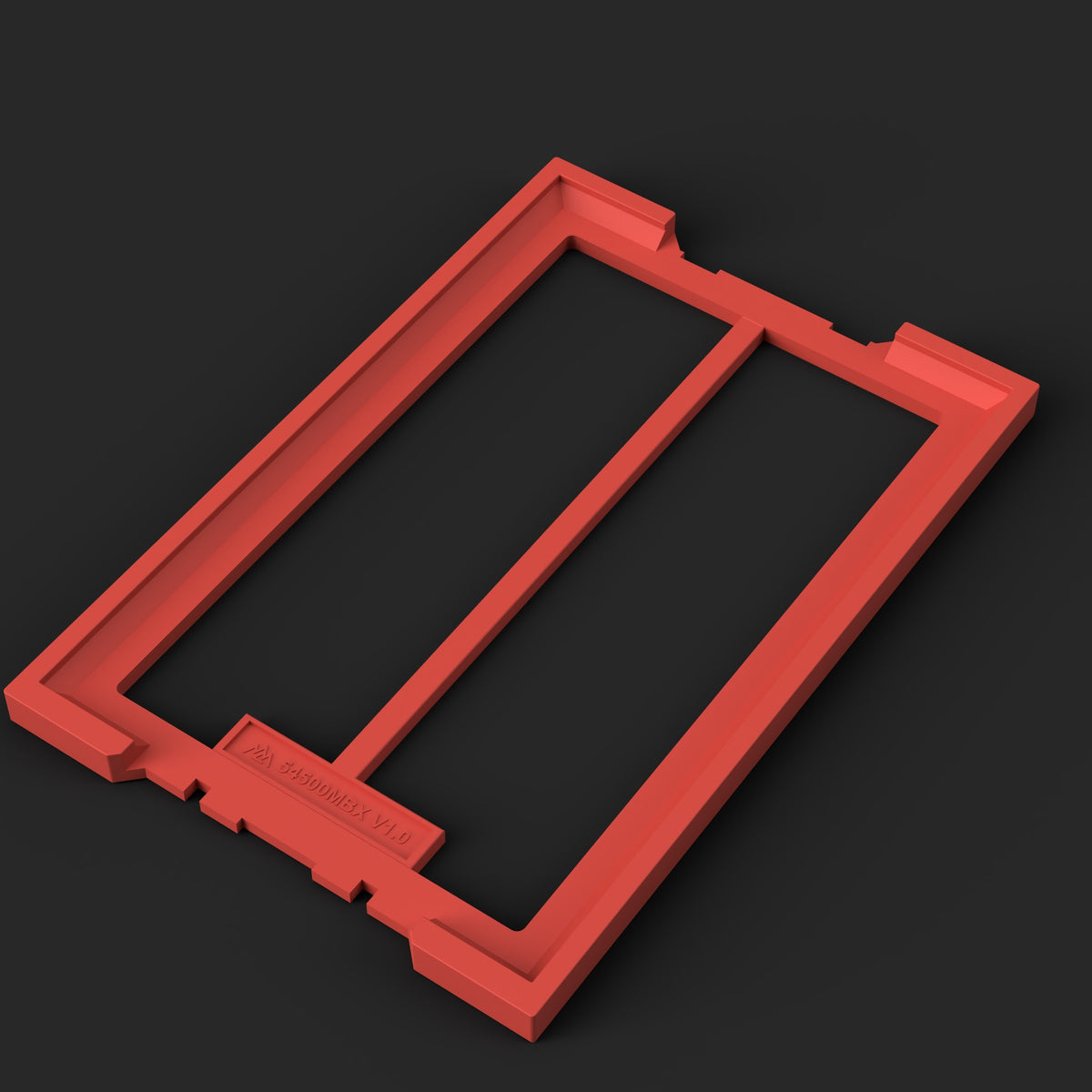 Render of the Klein MODbox 54500MBX adapter STL file: one-piece red adapter frame, three-quarter view on charcoal