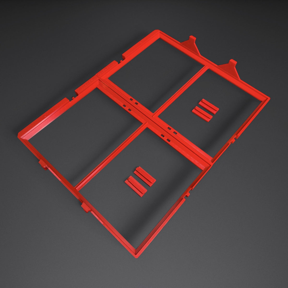 Red Mountaineer Maker adapter for the Klein MODbox 54823MB bottom drawer, all pieces shown together from above