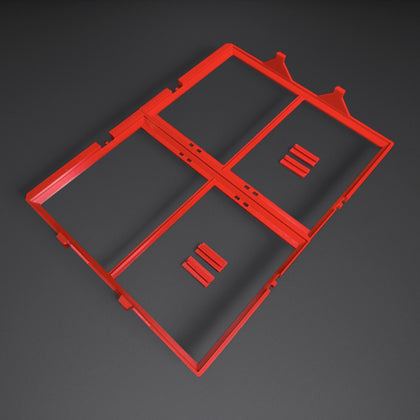 Red Mountaineer Maker adapter for the Klein MODbox 54823MB bottom drawer, all pieces shown together from above