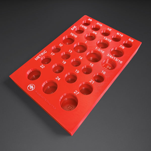 Red deep organizer for the Kobalt 80724 set with its snap-in support lid, white SAE and metric size labels, three-quarter view