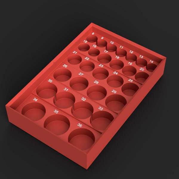 Render of the Milwaukee Packout 1/2 inch Shockwave metric standard-depth impact socket organizer STL file: red organizer, 29 labeled pockets 8mm to 36mm on stepped decks, raised white size labels