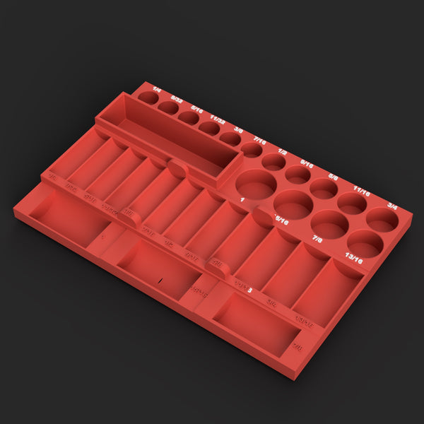 Render of the MIL-002 STL file: red organizer insert for Milwaukee SHOCKWAVE 3/8" SAE impact sockets, labeled pockets for standard 1/4"-1" and troughs for deep, white raised labels