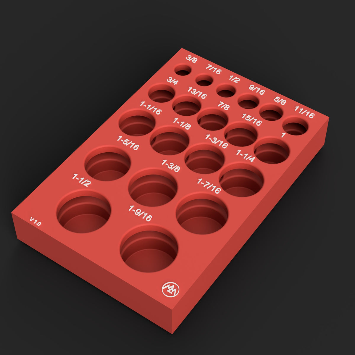 Render of the Milwaukee Packout 1/2 inch Shockwave SAE deep impact socket organizer STL file: red base with support lid, 20 labeled pockets 3/8" to 1-9/16", raised white size labels