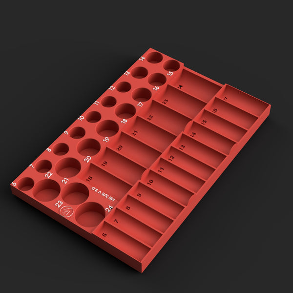 Render of the MIL-004 STL file: red organizer insert for Milwaukee SHOCKWAVE 3/8" metric impact sockets, labeled pockets for standard 6–24mm and troughs for deep, white raised labels
